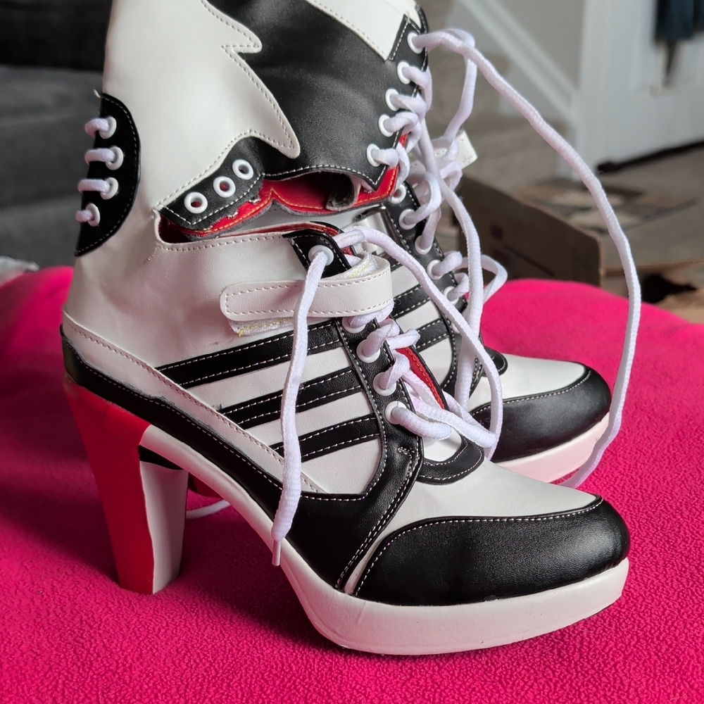 Black & White Lace-Up Platform Heels with Pink Heel Accent